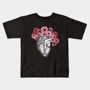 Broken heart, Human heart illustration art, laces, with red anemones, tied heart, sewn heart Kids T-Shirt
